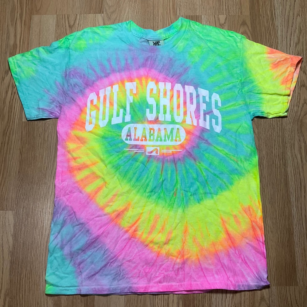 Surf Style Gulf Shores Alabama Tie Dye T-Shirt Mens Medium Neon Rainbow Spiral